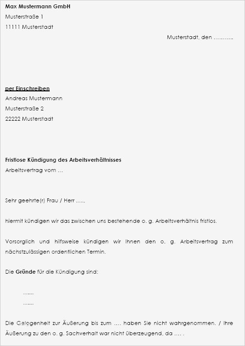 Widerspruch Fristlose Kündigung Arbeitsverhältnis Vorlage ...